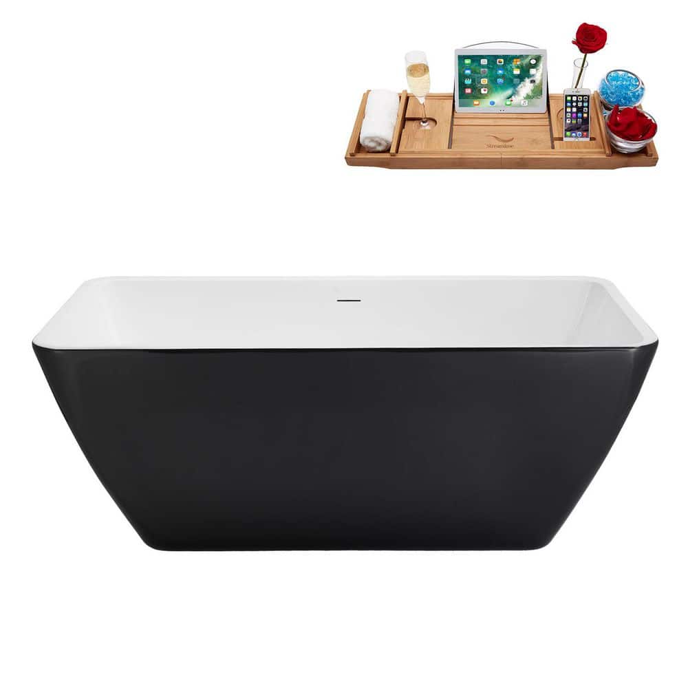 Streamline 59 in. x 30 in. Acrylic Freestanding Soaking Bathtub in Glossy Black with Matte Black Drain (2)