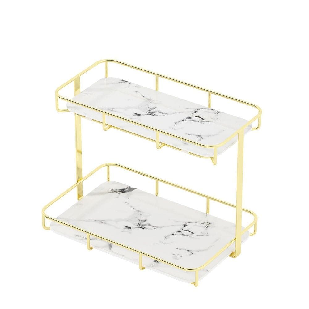 Wudkey 1-Piece 2 Tier Gold Stainless Steel Vanity Organizer, Marble Ceramic Tray Countertop Storage Rack, Bath Accessory Set (1)