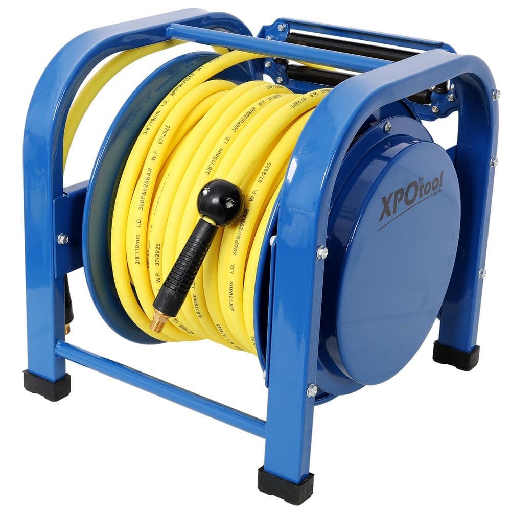 Busdays Retractable Air Hose Reel, 3/8 in. x 100 ft. 300 PSI, Spring-Driven Steel, Heavy Duty Industrial, Hybrid hose, Portable