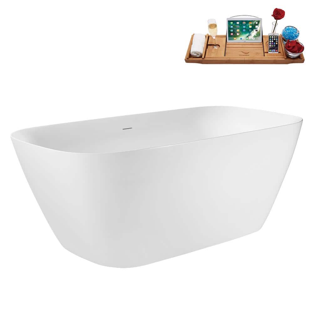 Streamline 63 in. x 31 in. Acrylic Freestanding Soaking Bathtub in Glossy White with Polished Chrome Drain, Bamboo Tray (3)