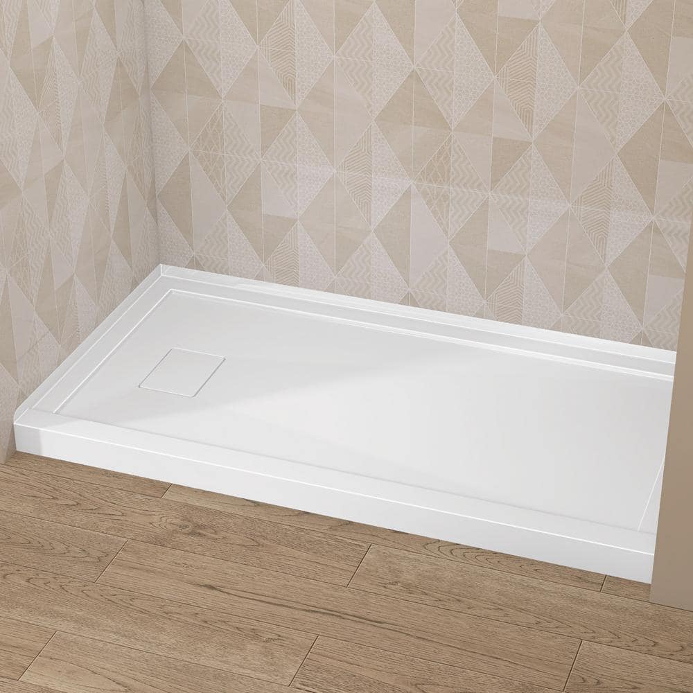 Getpro 60 in. L x 32 in. W White Single Threshold Alcove Shower Pan Base Acrylic Rectangular Shower Tray with Left Drain (3)