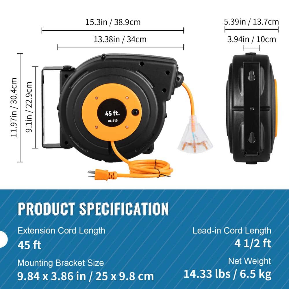 SKYSHALO 45 ft. 12/3 15 Amp Retractable Extension Cord Reel with 1 Outlets Heavy Duty SJTOW Power Cord (2)