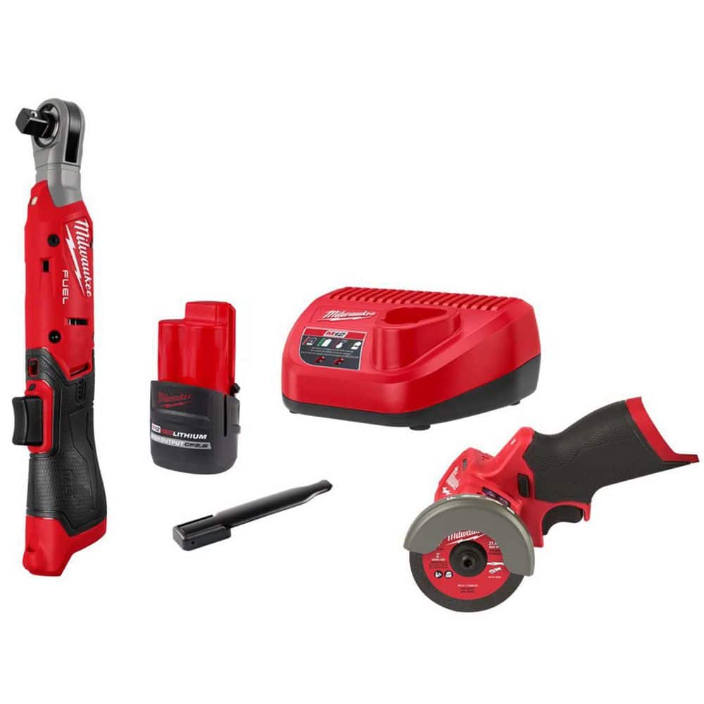 Milwaukee M12 12V Lithium-Ion 1/2 in. Cordless Ratchet Kit with Battery, Charger, and M12 FUEL 12V 3 in. Cut Off Saw