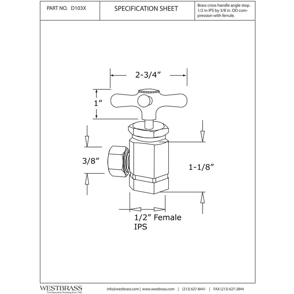 Westbrass Cross Handle Angle Stop Shut Off Valve, 1/2 in. IPS Inlet with 3/8 in. Compression Outlet, Polished Brass (2)