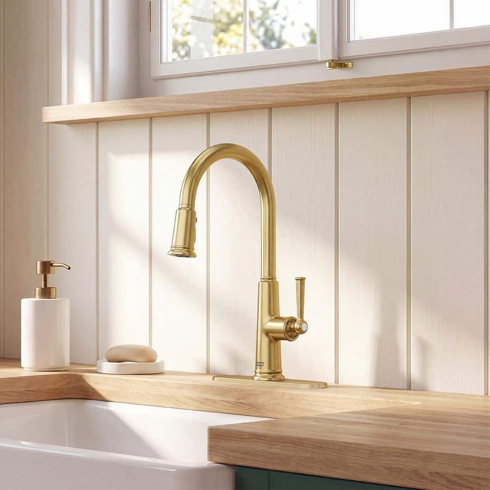 American Standard Highgrove 17 in. Single Handle Pull Down Sprayer Kitchen Faucet with 360° Spout in Brushed Gold (3)