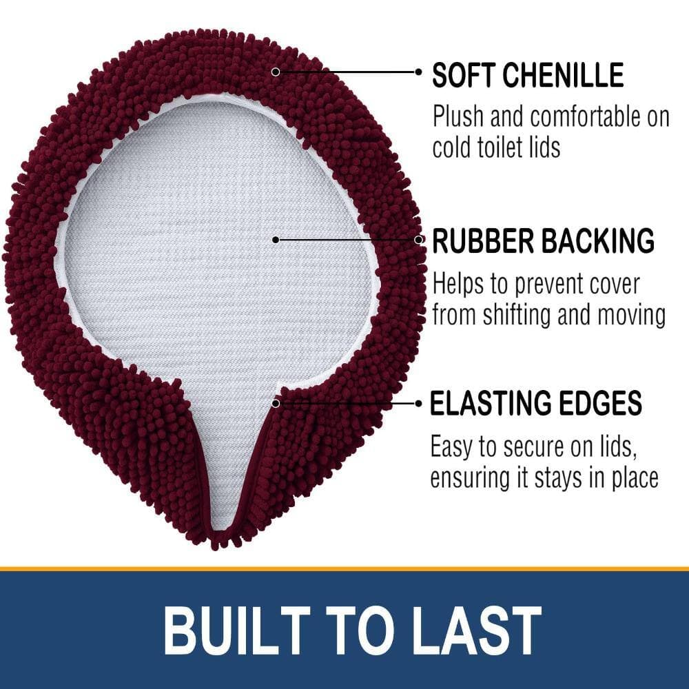 Unbranded Burgundy Soft Chenille Toilet Lid Cover 17.5 x 15 in. Machine Washable Rubber Backing Round Elongated (3)
