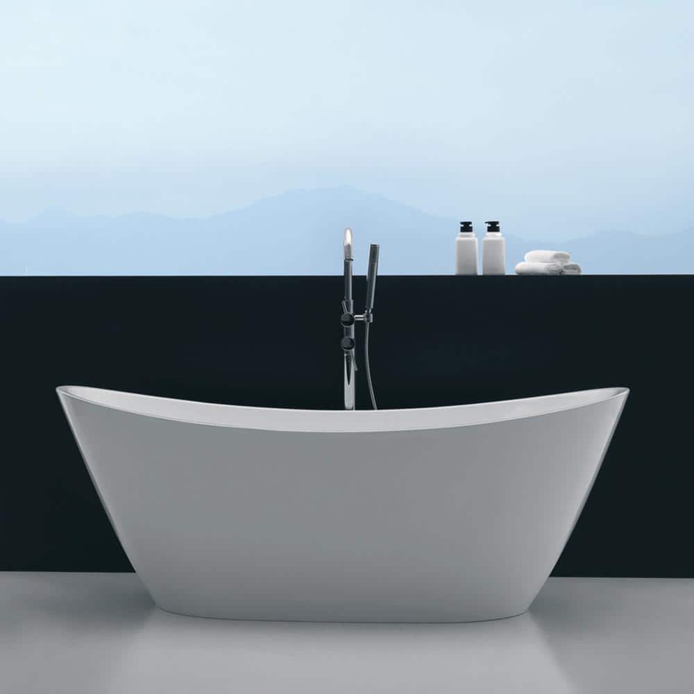 Empava 67 in. Acrylic Flatbottom Hourglass Freestanding Soaking Bathtub in White with Brushed Nickel Overflow and Drain (1)