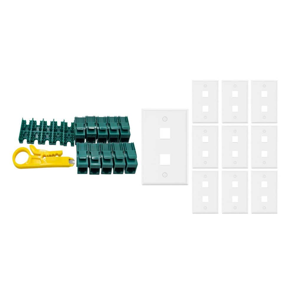 Micro Connectors, Inc 10-Pack 1-Gang White Keystone Plastic Wall Plates 2-Port and 10 Cat 6 RJ45 Keystone Jacks Green (1)