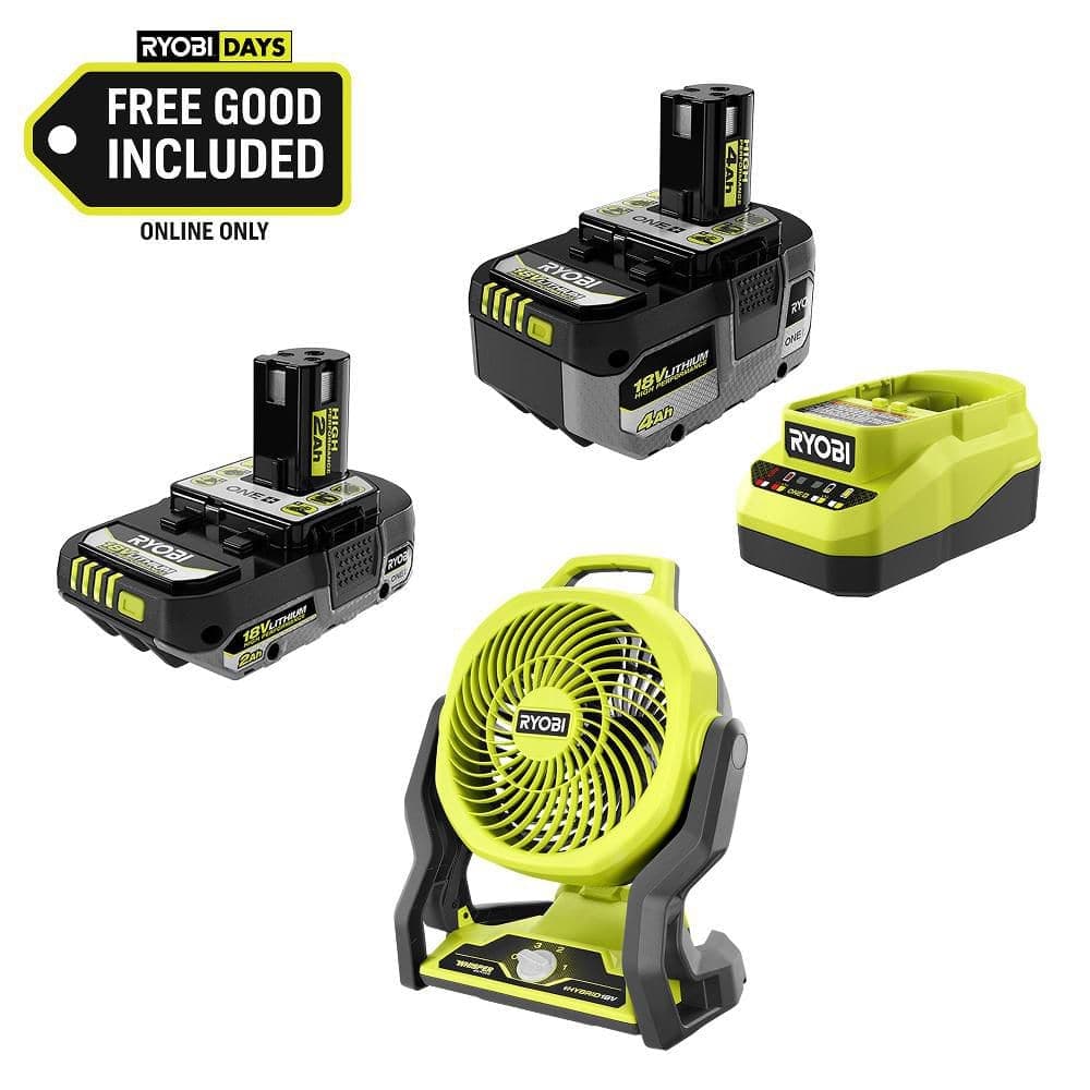 RYOBI ONE+ 18V HIGH PERFORMANCE Kit w/ 4.0 Ah Battery, 2.0 Ah Battery, Charger, & FREE ONE+ Cordless Hybrid 7-1/2" Fan