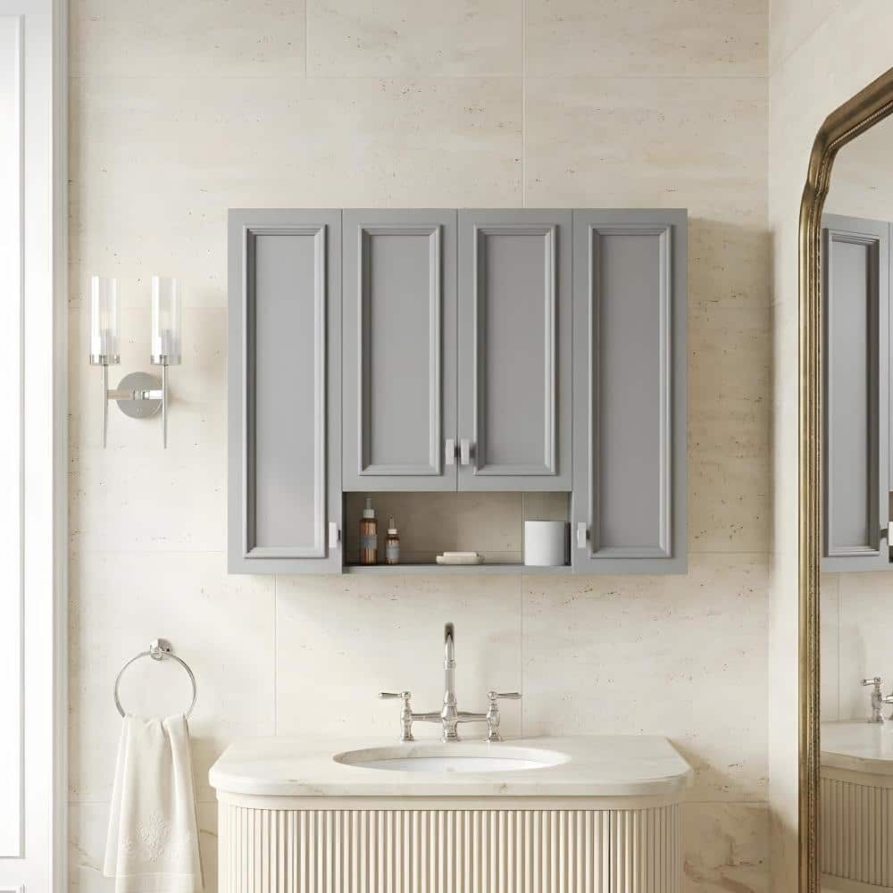 Zuvandra 36" W x 7" D x 28.7" H Solid Wood + MDF Bathroom Wall Cabinet with Doors and Shelves in Gray (1)
