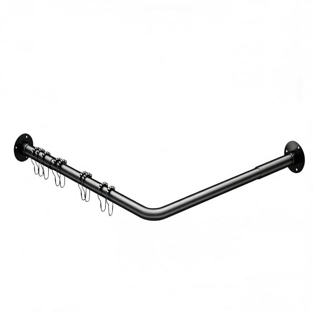 Wudkey L-Shaped 23-53 in. Adjustable Corner Shower Curtain Rod with Ceiling Support and 12 Ring Hooks, No Drill in Black (1)