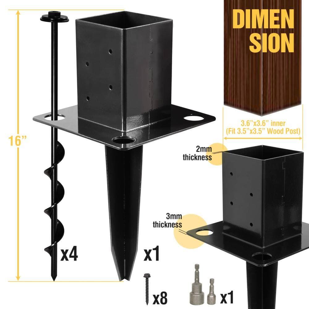 Unbranded 16 in No-Dig 4x4 Ground Spike Post Anchor Powder-Coated Steel with 4 Corner Screws for Fence Mailbox Deck (3)