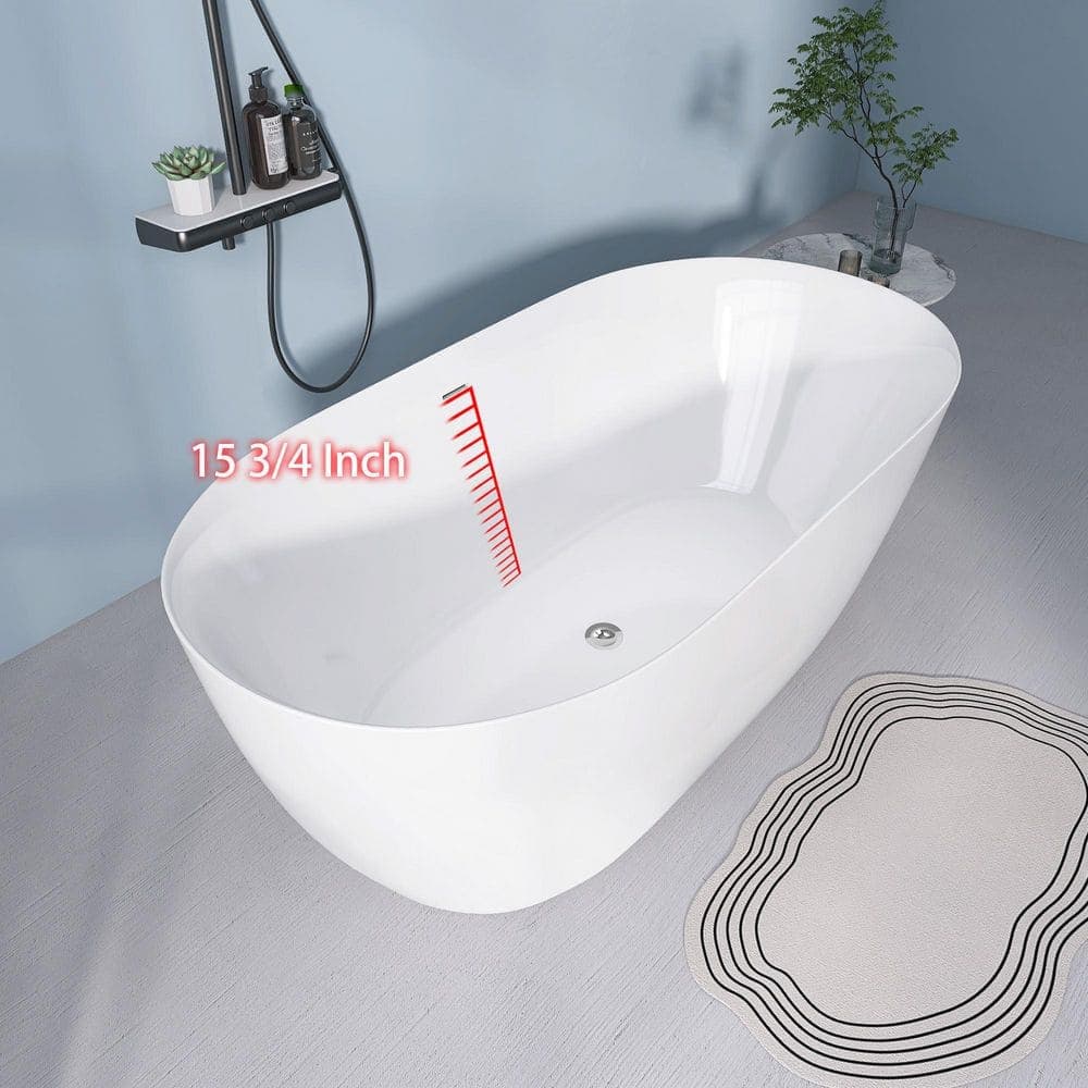 Zeafive Zey 47 in. x 27.5 in. Acrylic Freestanding Soaking Tub Flatbottom Modern Oval Bathtub with Center Drain in Glossy White (2)