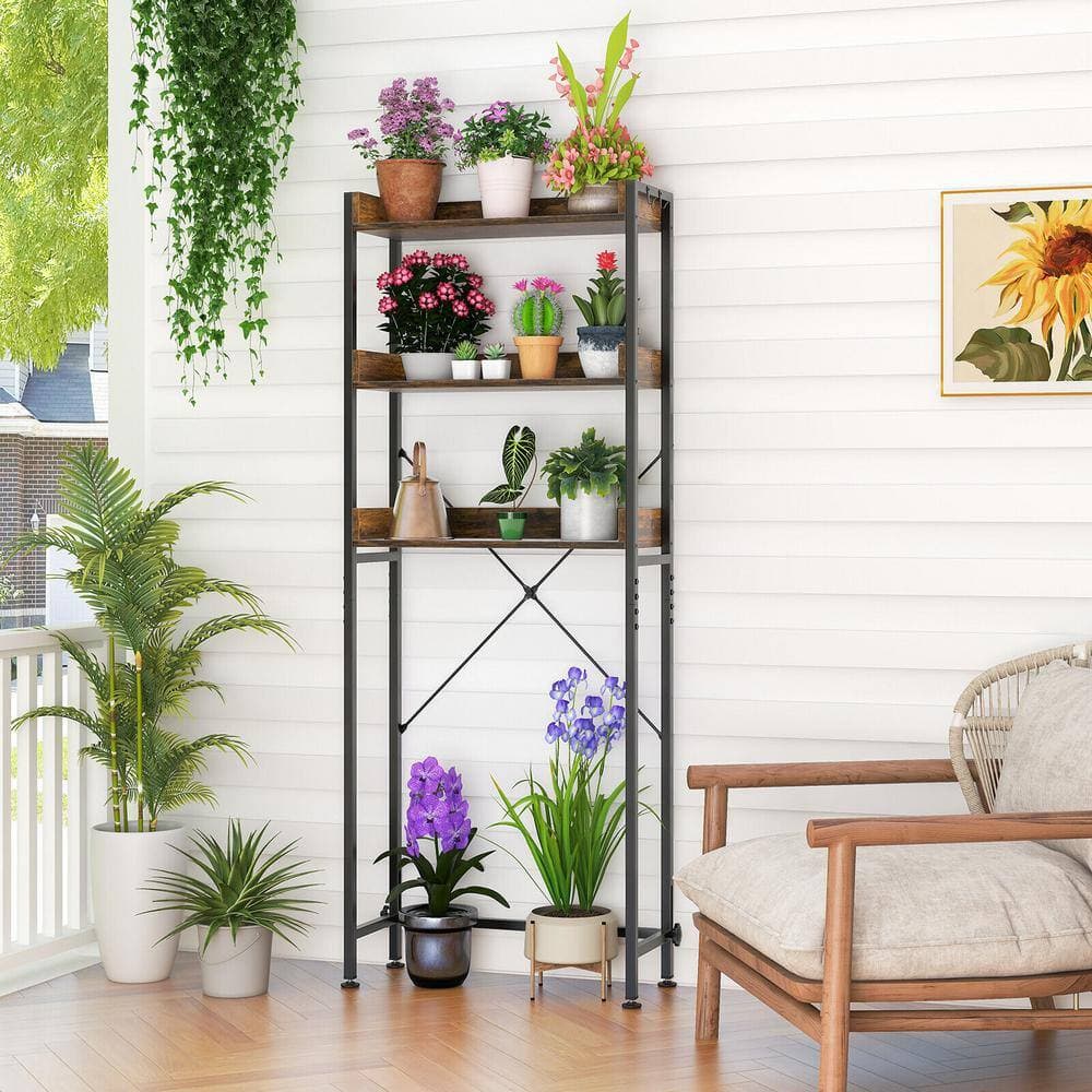 ANGELES HOME 25 in. W x 64.5 in. H x 9.5 in. D Rustic Brown over the Toilet Storage Rack with Hooks and Adjustable Bottom Bar (2)