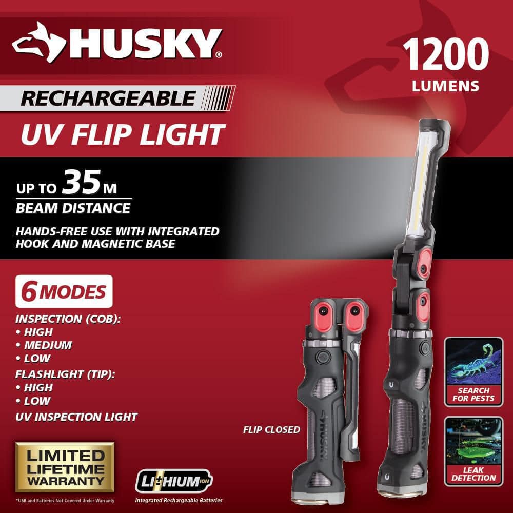 Husky 1200 Lumens Rechargeable LED Inspection Flip Flashlight with UV (3)