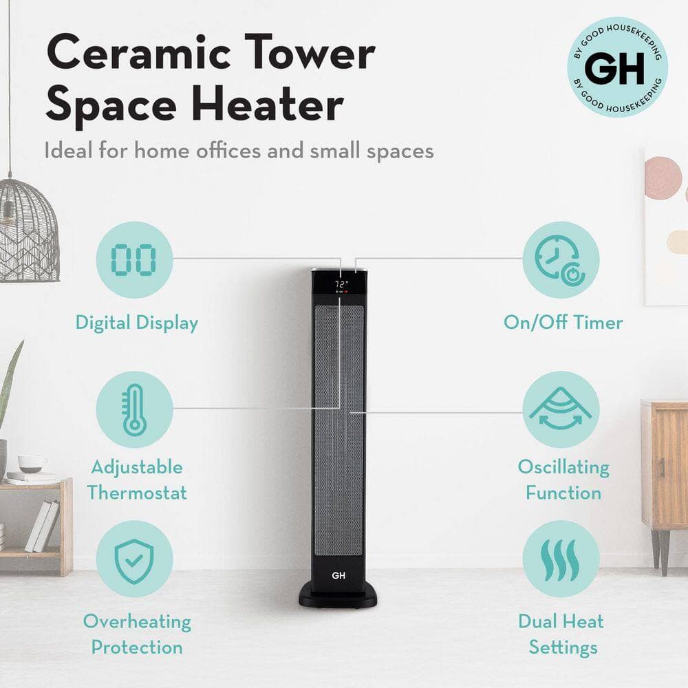 GOOD HOUSEKEEPING Digital 30 in. Oscillating Ceramic Tower Room Space Heater with Remote Control, 1500 W, Electric Type, Force Air (2)