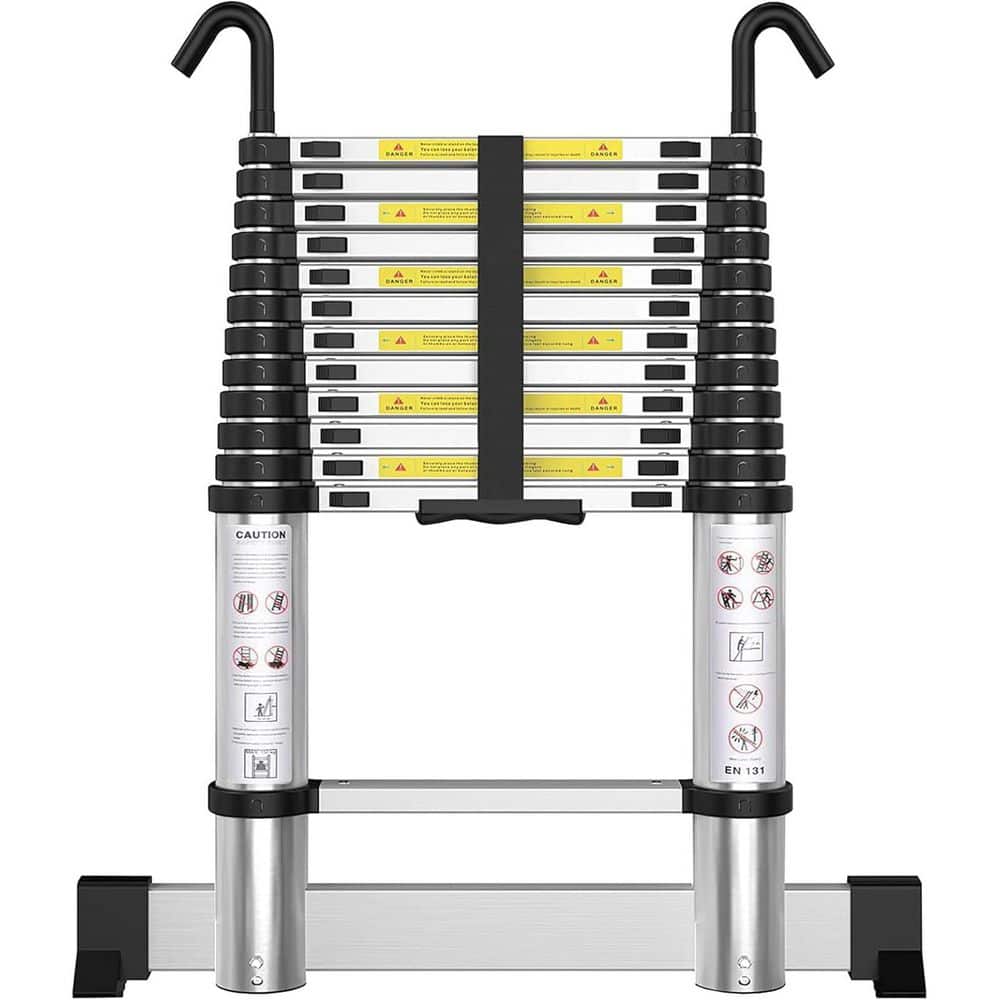 Unbranded 12.5 ft. Aluminum Telescoping Ladder with Hooks and Stabilizer, 330 lbs. Capacity, EN131 Certified