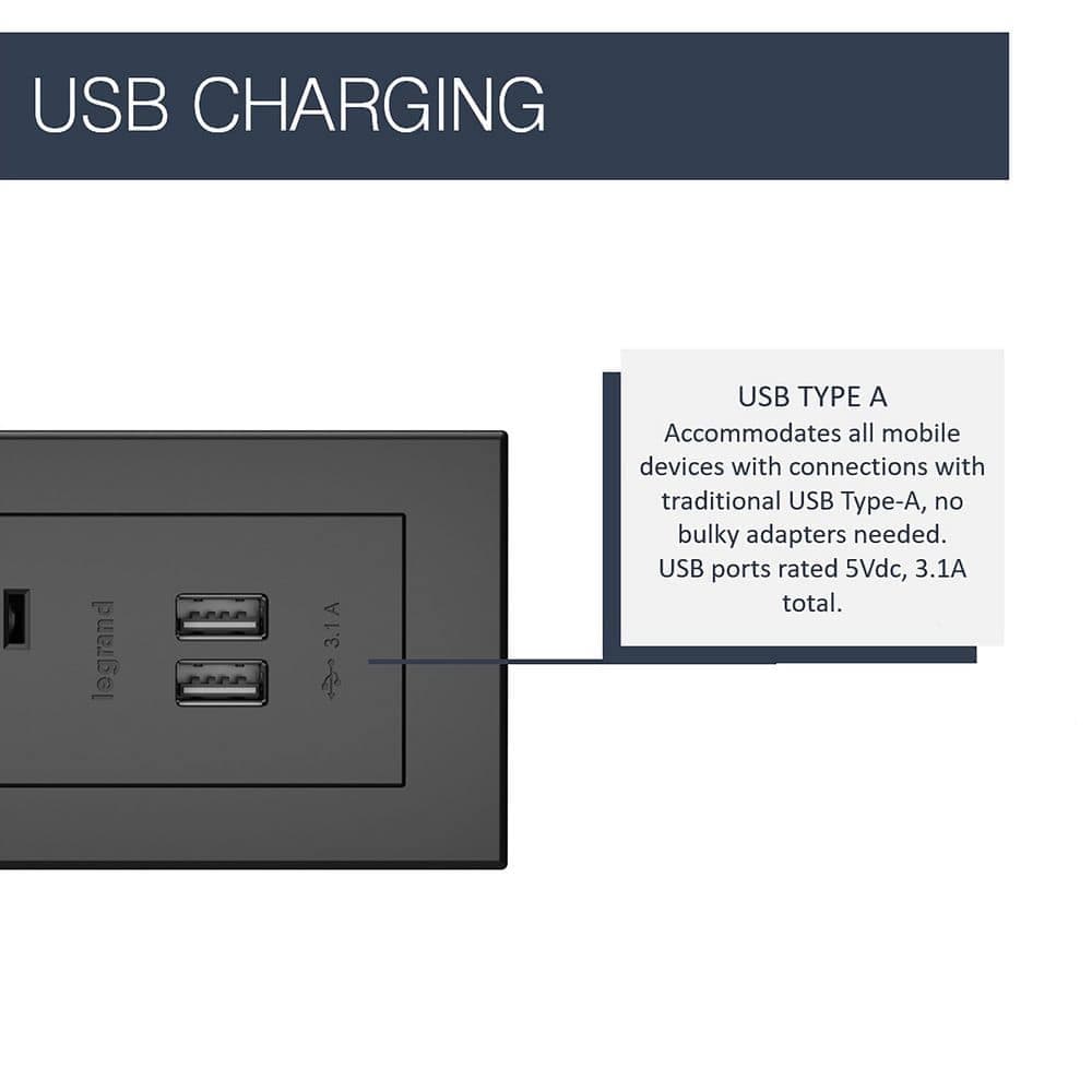 Legrand radiant 15 Amp Black 2-Outlet and 2 Type A USB Recessed Furniture Power Strip with Switch and 6 Ft. Cord (3)