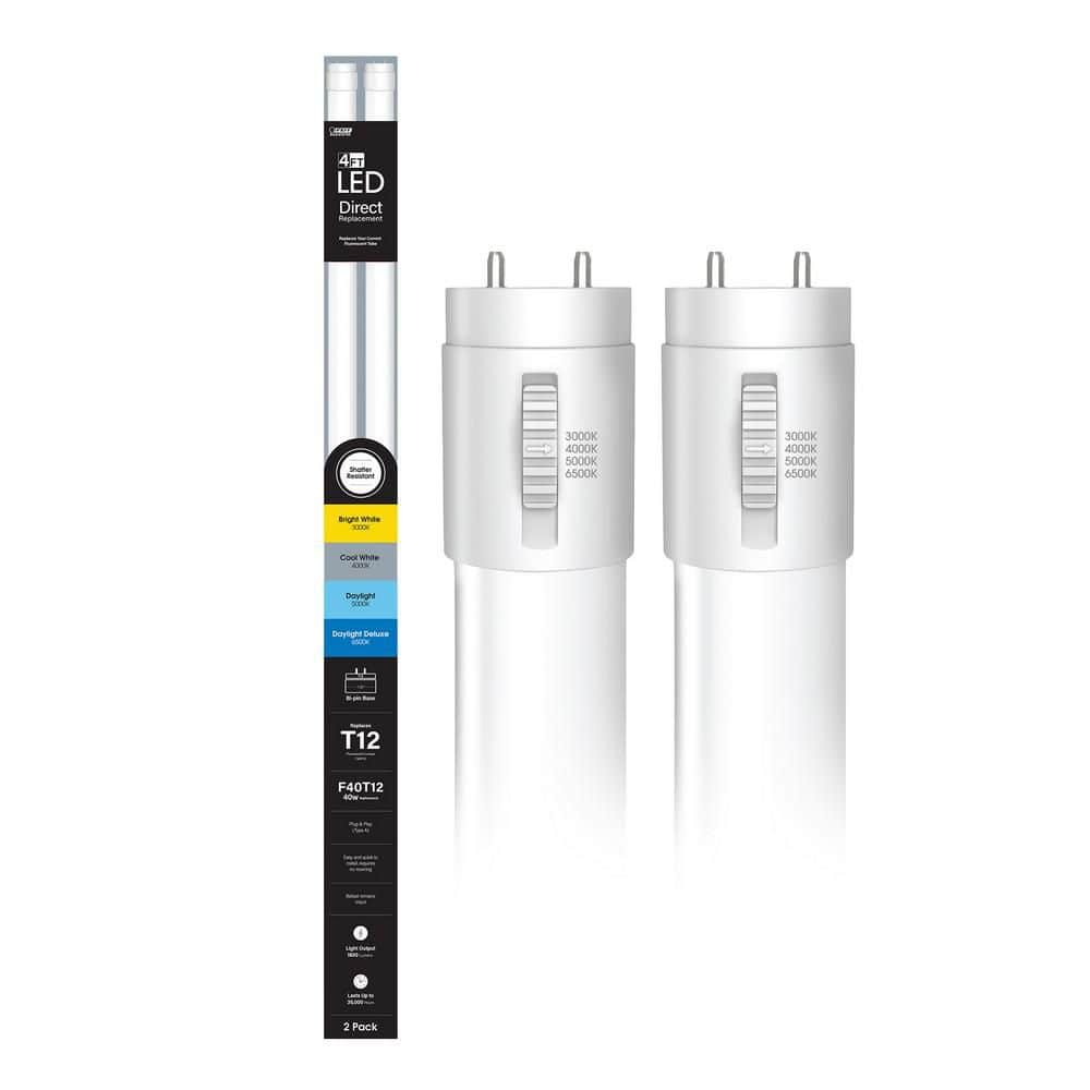 Feit Electric 20-Watt 4 ft. T12 G13 Type A Plug and Play Linear LED Tube Light Bulb, Adjustable White 3000K,4000K,5000K,6500K (2-Pack)