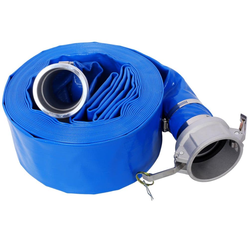 cadeninc Backwash Hose 3 in. x 50 ft. Heavy Duty Blue PVC Lay Flat Water Discharge Pump Hoses w/Aluminum Camlock C and E Fittings
