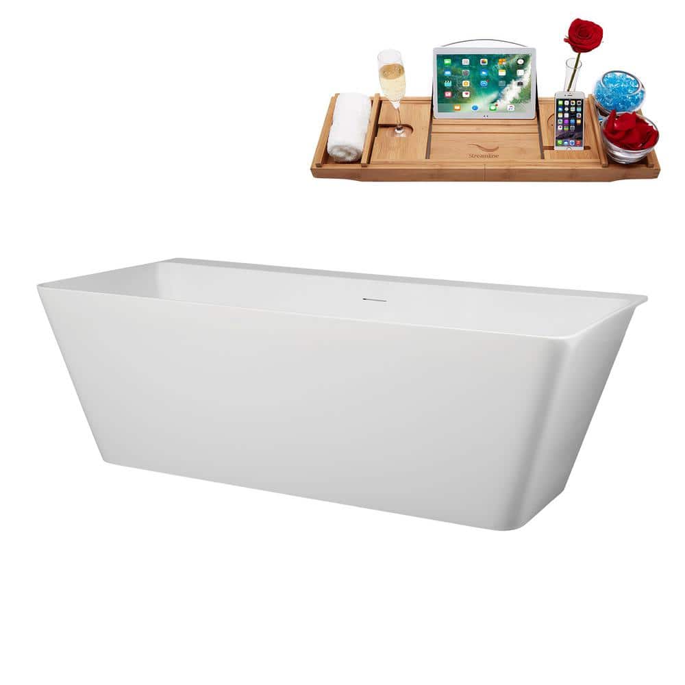 Streamline 67 in. x 32 in. Acrylic Freestanding Soaking Bathtub in Glossy White With Matte Black Drain, Bamboo Tray (3)
