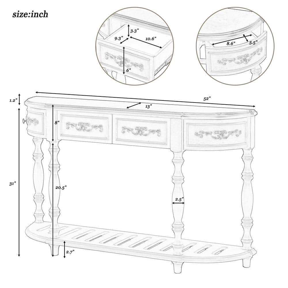 Unbranded 52 in. W x 13 in. D x 32.2 in. H Black Linen Cabinet Contemporary Curved Console Table Sofa Table with 4 Drawers, Shelf (3)
