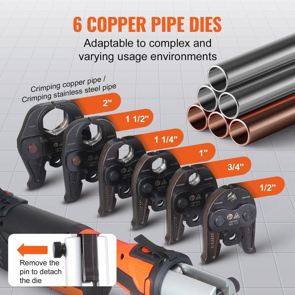 SKYSHALO Press Tool, 18-Volt Electric Pipe Crimping Tool for 1/2 in. to 2 in. Copper Pipes, 4.72 in. W x 3.15 in. H x 18.11 in. D (3)