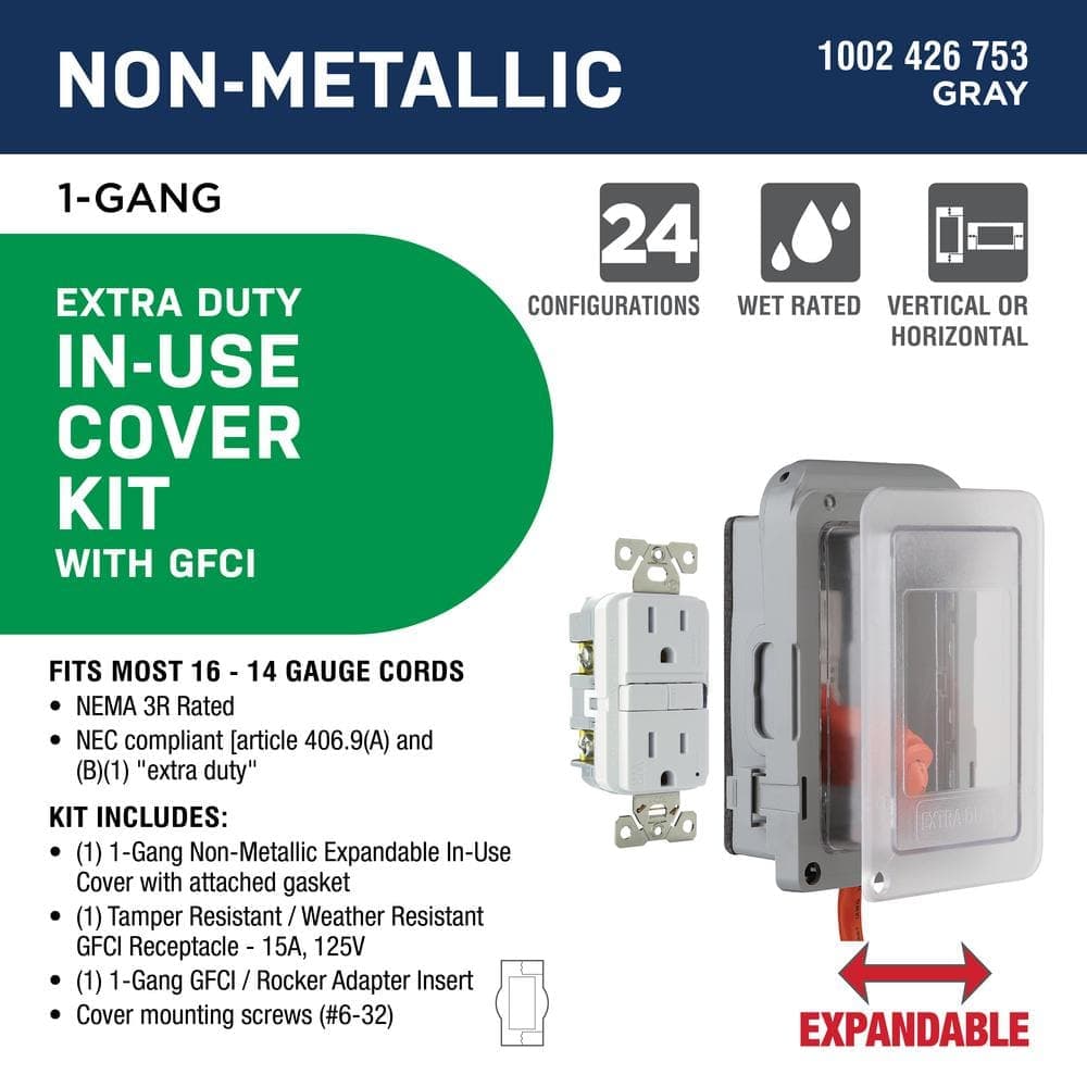 Commercial Electric 1-Gang Extra Duty Non-Metallic Low Profile While-In-Use Weatherproof Horizontal/Vertical Receptacle Cover and GFCI, Gray (2)