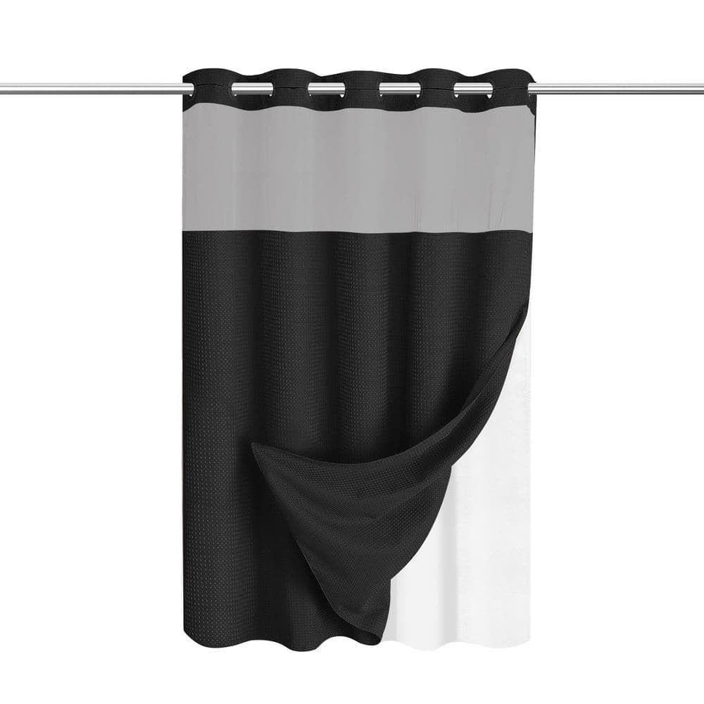 Jeedeson 71" x 74" Black No-Hook Snap-In Polyester Bathroom Shower Curtain, Waffle Weave with Mesh Top & Removable Liner