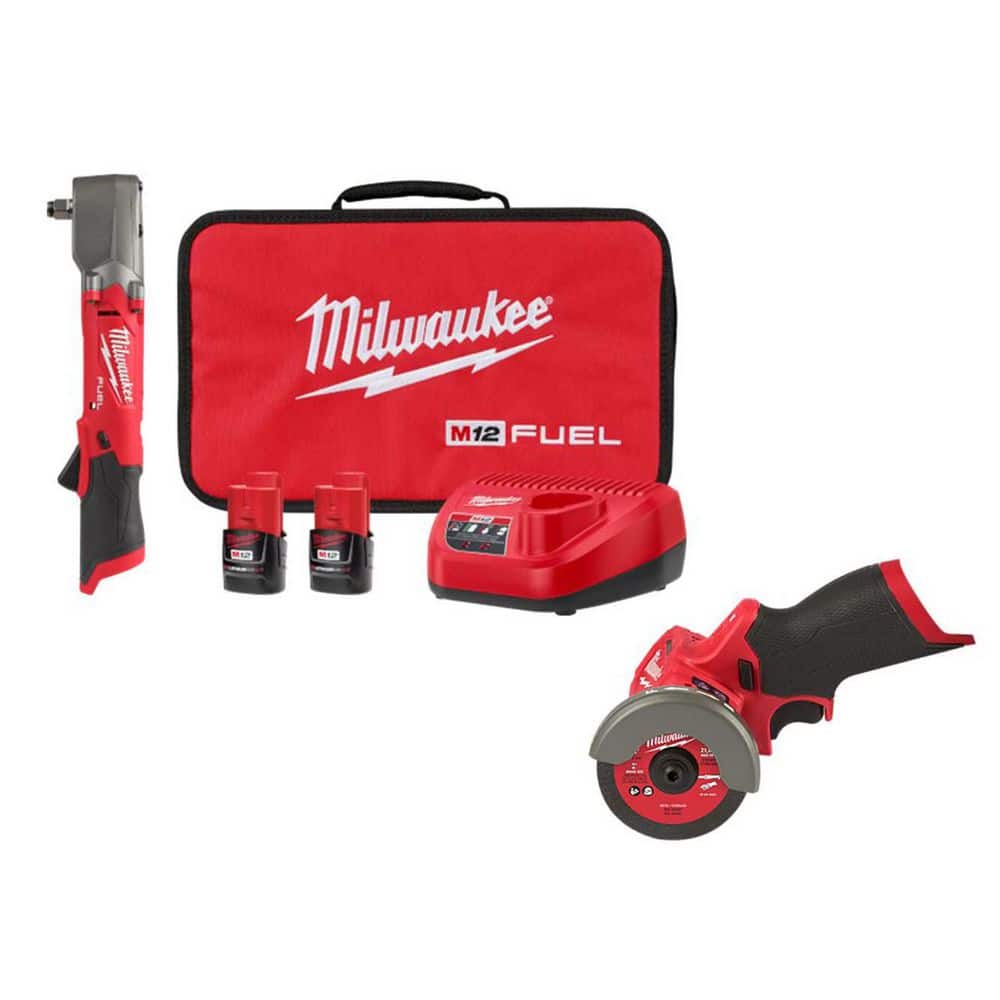 Milwaukee M12 FUEL 12V Lithium-Ion Brushless Cordless 1/2 in. Right Angle Impact Wrench Kit with Two 2.0Ah Batteries & Cut Off Saw (1)