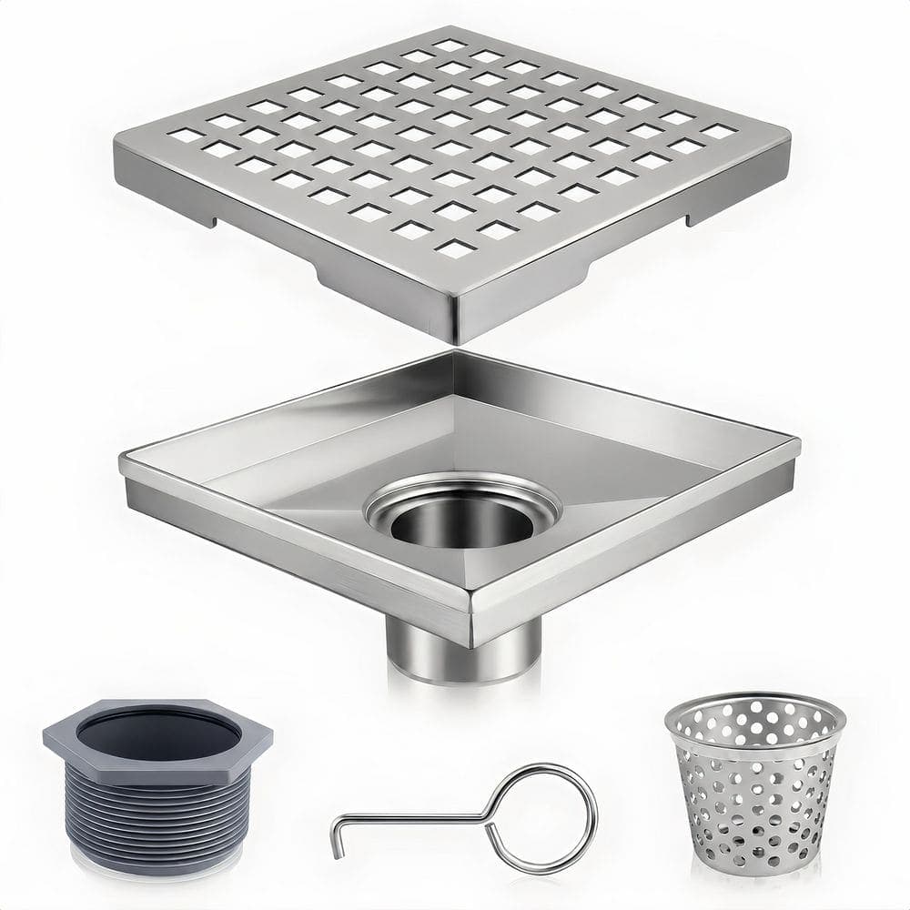 HOMEMYSTIQUE 6 in. x 6 in. Stainless Steel Square Shower Drain with Square Pattern Drain Cover in Brushed Nickel (1)