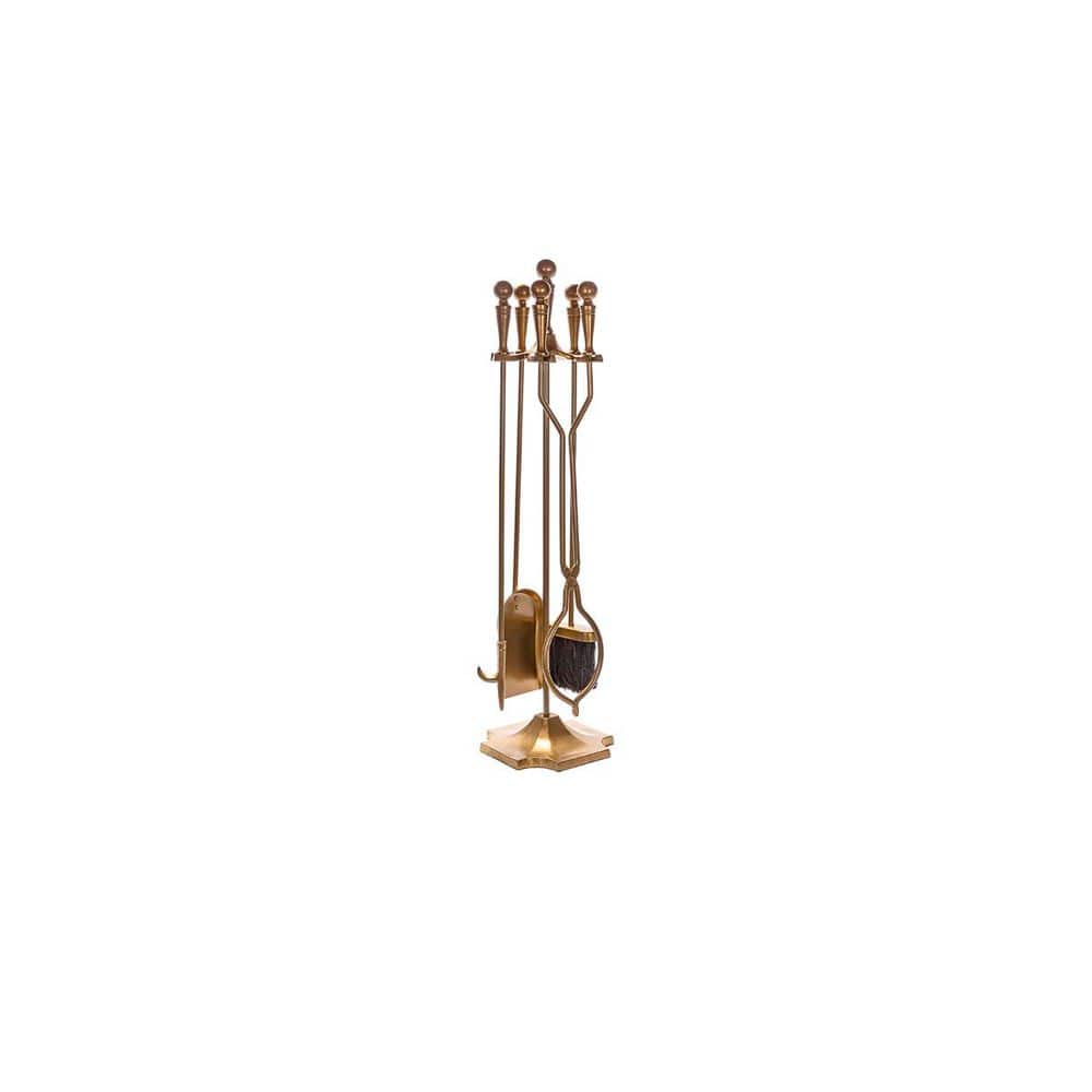 ENNA 5-Piece Matte Gold Fireplace Tool Set with Ball Handles and Pedestal Base