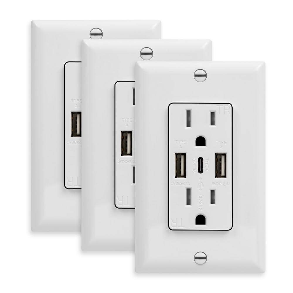 TOPGREENER 15 Amp Decorator Tamper Resistant Duplex Receptacle, 5.6A USB Outlet Type C/A, White (3-Pack) (1)