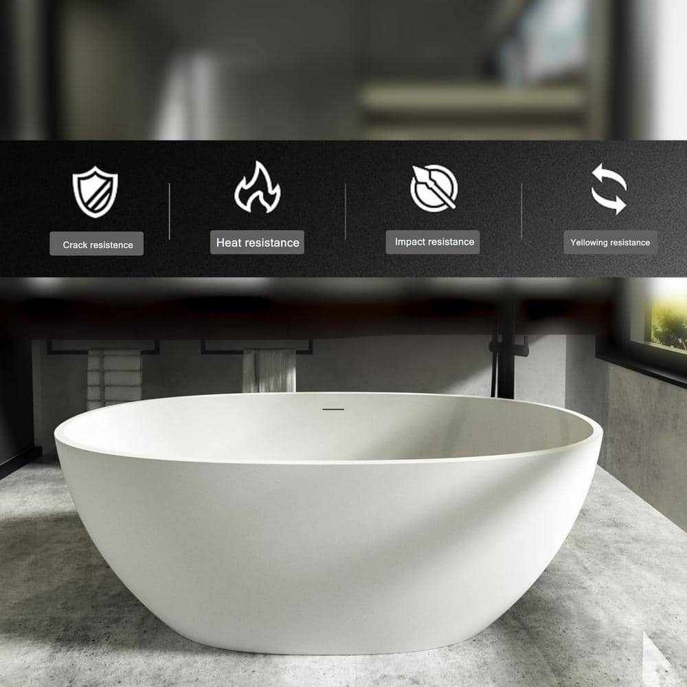 Zeus & Ruta 65 in. Stone Resin Flatbottom Freestanding Bathtub in Matte White, Contemporary Stand Alone Soaking Tub (3)