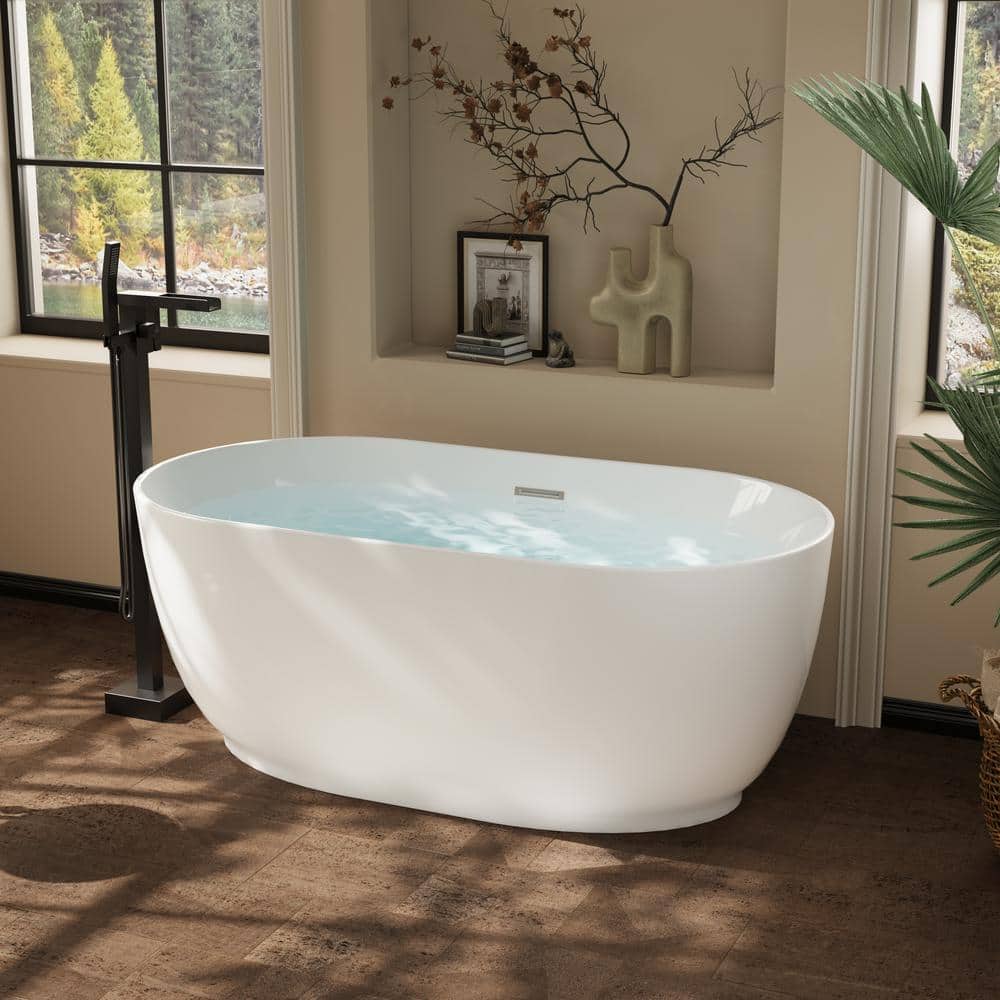 FORCLOVER 59 in. W. x 31.5 in. Freestanding Soaking Bathtub with Center Drain and Groove Overflow in White/Polished Chrome (2)