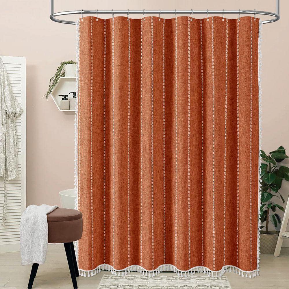Unbranded Boho Farmhouse Shower Curtain Linen Rustic Striped Fabric with Tassel Water Repellent 72 x 72 Burnt Orange (3)