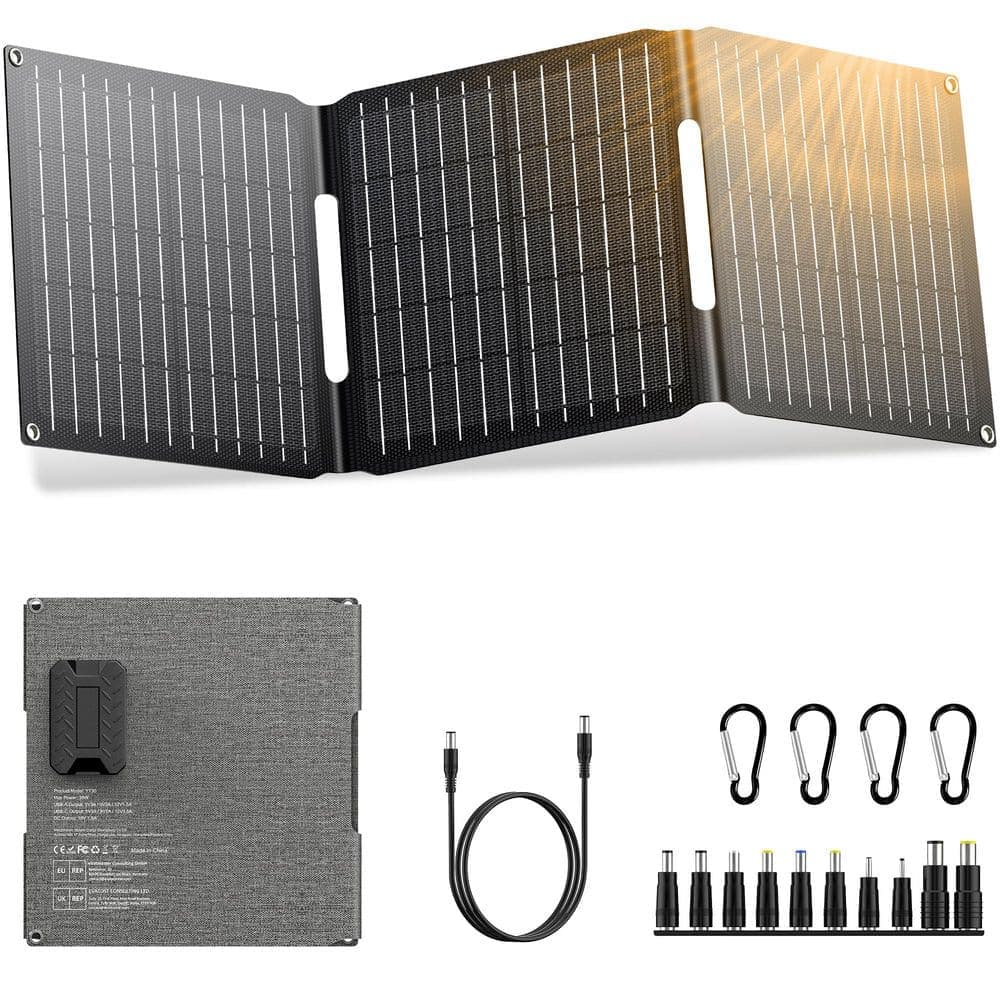 Yichuhaoxi 30-Watt 9.8 ft. Portable Solar Panel DC/USB C/USB An Output for Power Station Power Bank & High Efficiency Waterproof (1)