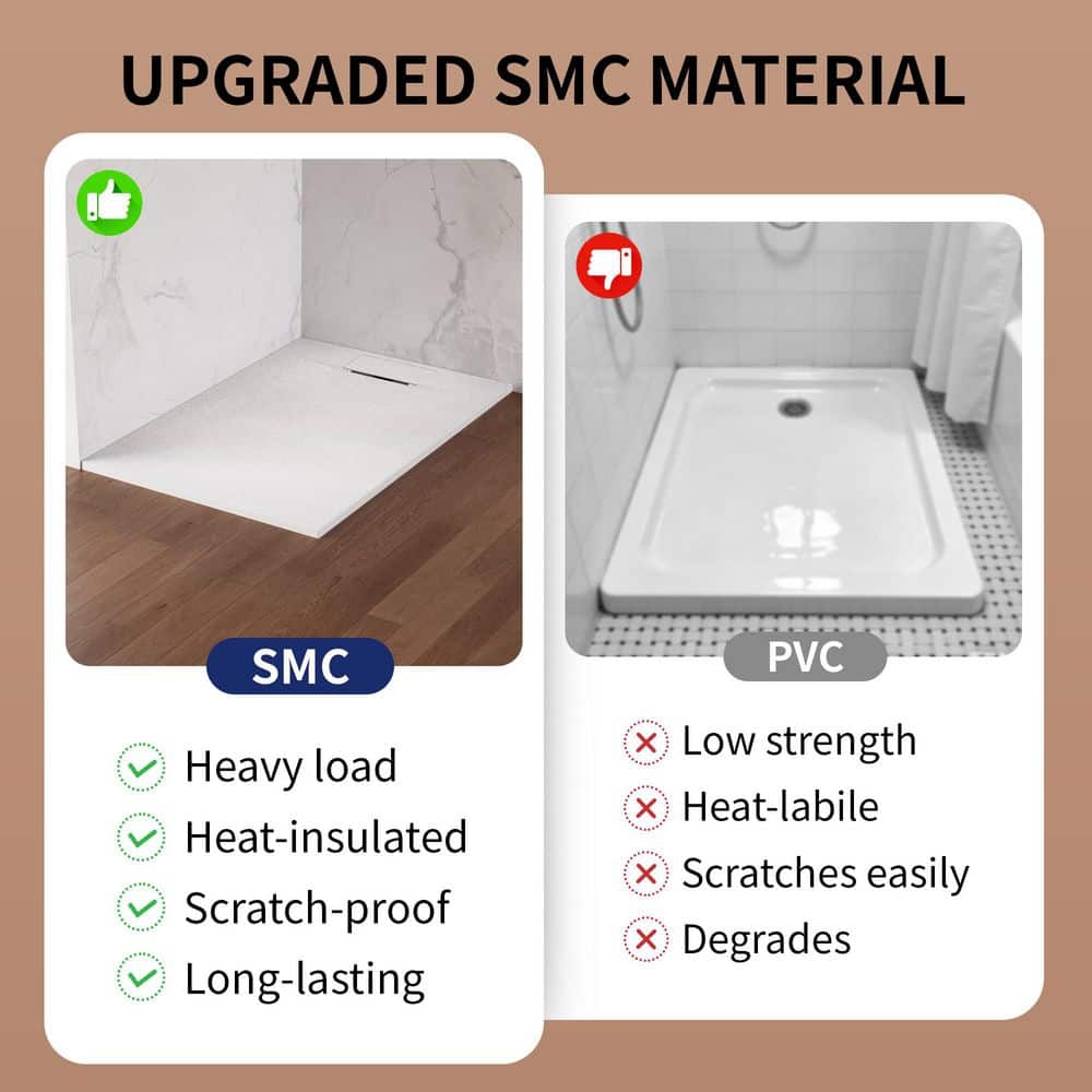 DEERVALLEY 48 in. L x 32 in. W SMC Curbless Zero Threshold Alcove Shower Pan Base in White with Reversible Left/Right Drain (3)