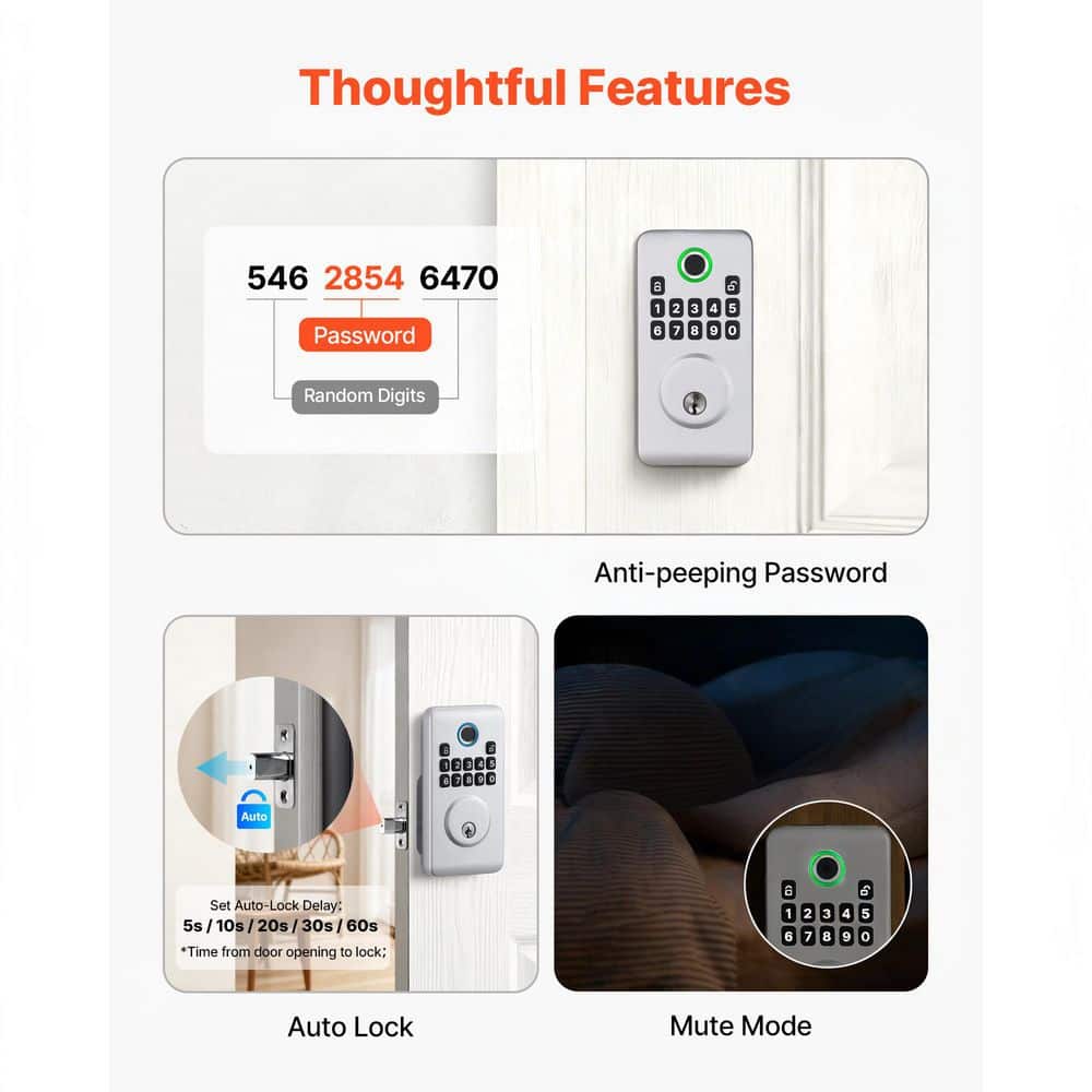 SKYSHALO Fingerprint Door Lock, Silver, Electronic Biometric Deadbolt with Pioneering Easy-Grip Design, Auto Locking (3)