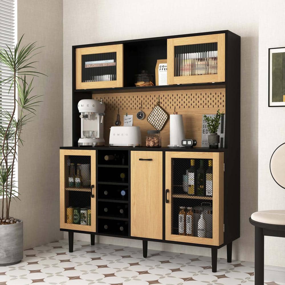 Unbranded 47.2 in. W x 15.74 in. D x 59.1 in. H Black Buffet Linen Cabinet with Door Power Outlet and Wine Rack for Kitchen (2)