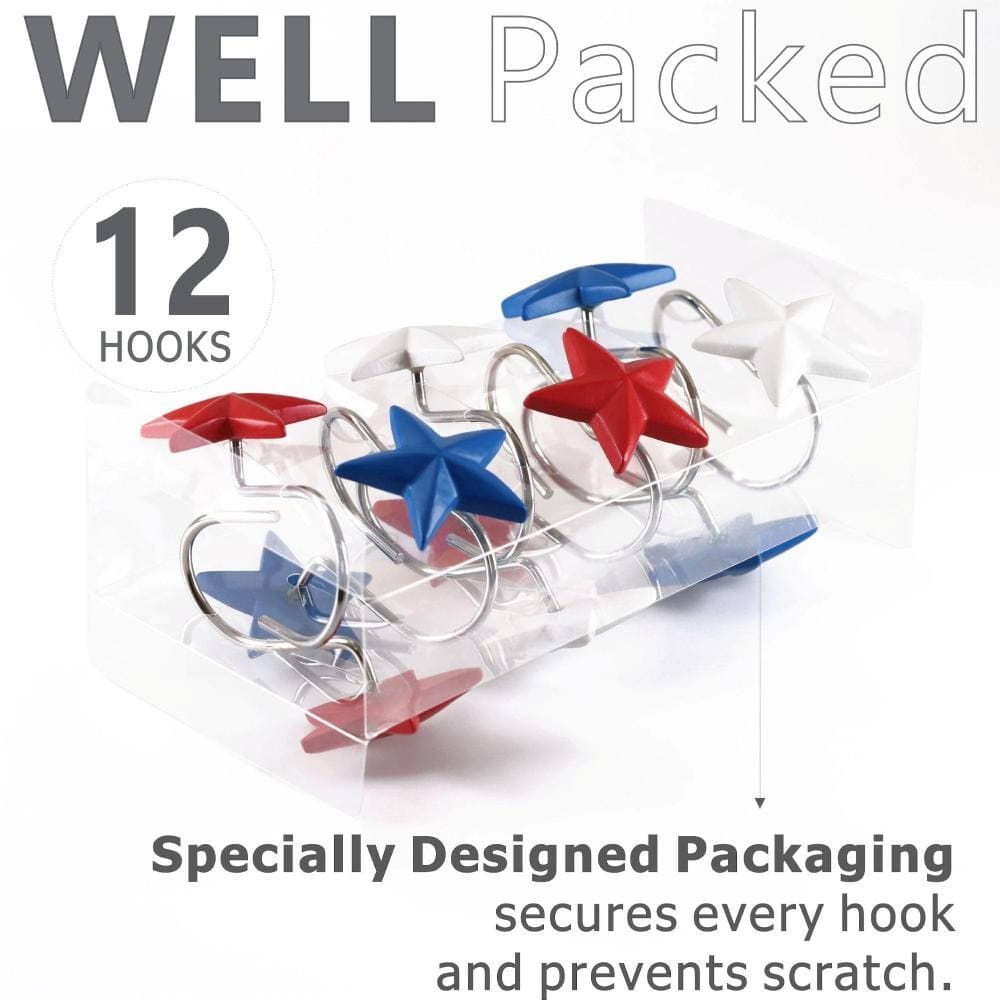 Unbranded Patriotic Shower Curtain Hooks Set, 12 Resin Star with Rustproof Stainless Steel Rings, Red White Blue (3)