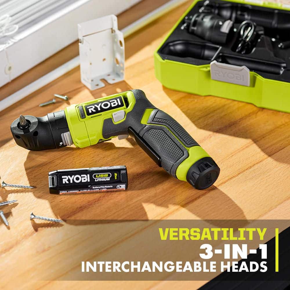 RYOBI USB Lithium Multi-Head Screwdriver Kit w/2Ah Battery, Charging Cable, 10-Piece Bit Set, Case and 3-Interchangeable Heads (3)