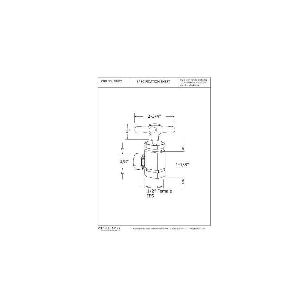 Westbrass Cross Handle Angle Stop Shut Off Valve, 1/2" IPS Inlet with 3/8" Compression Outlet, Satin Nickel (2)