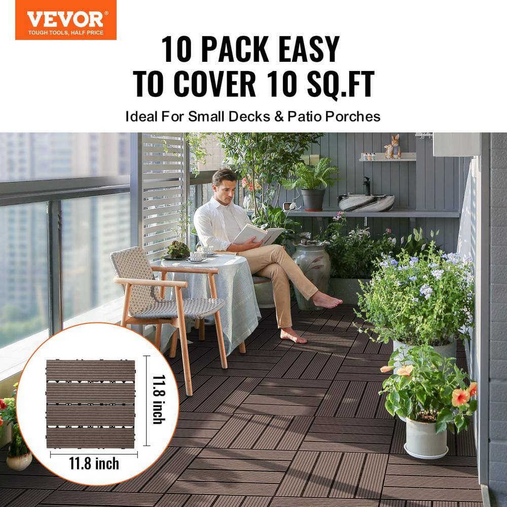 VEVOR Interlocking Deck Tiles Plastic Wood 11.6 in. x11.6 in. 27 sq. ft. Waterproof Flooring Composite Dark Brown (27-Pack) (2)