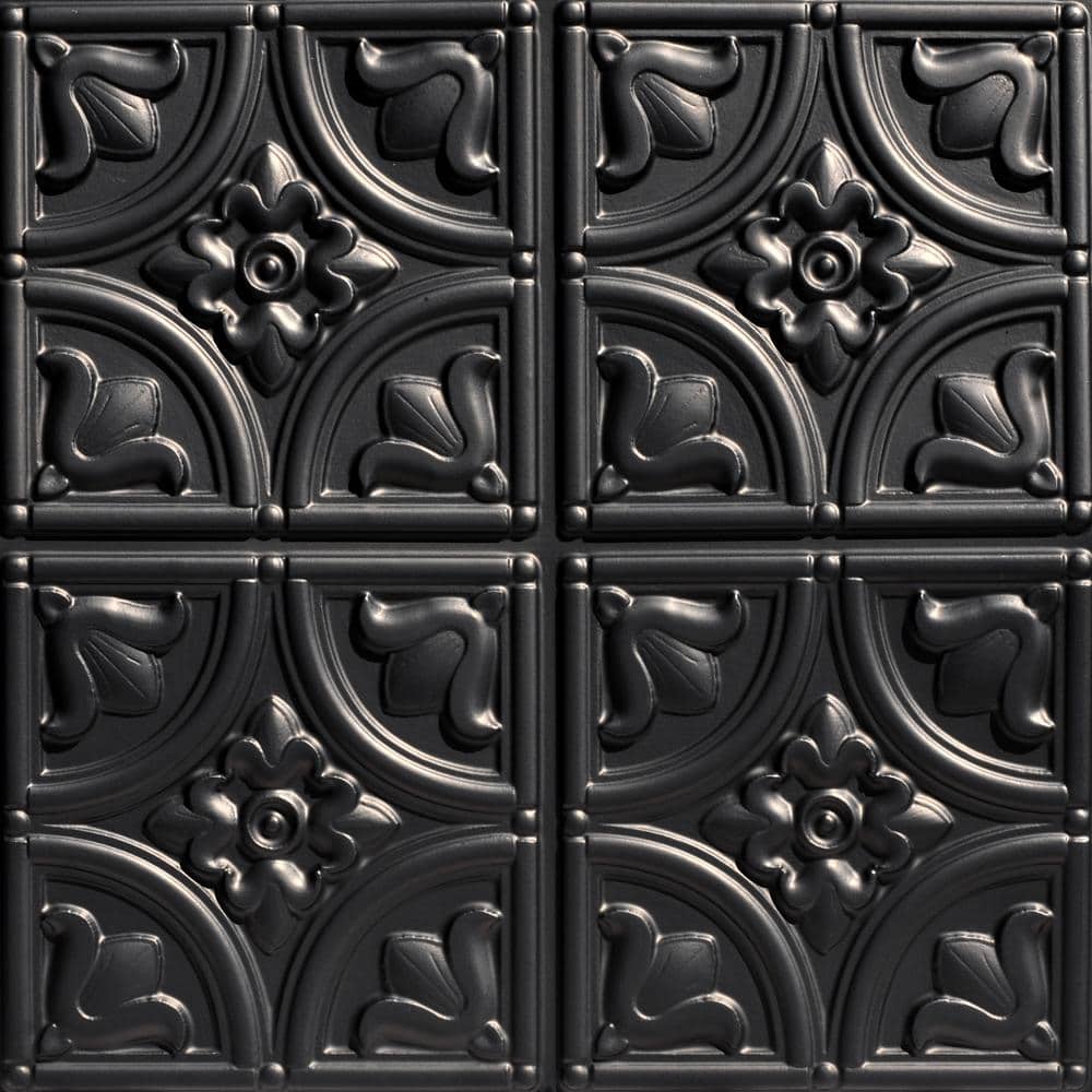 FROM PLAIN TO BEAUTIFUL IN HOURS Tiny Tulips 2 ft. x 2 ft. Glue Up PVC Faux Tin Ceiling Tile in Black (40 sq. ft./case)