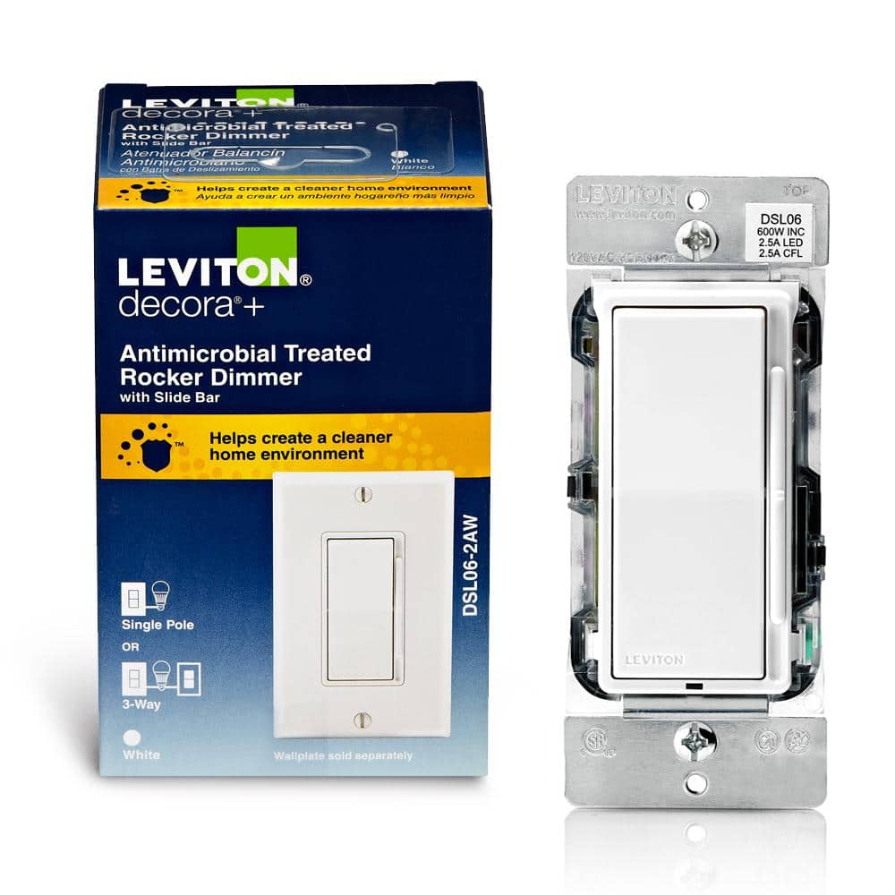 Leviton Decora Slide Dimmer Switch Antimicrobial Treated for Dimmable LED, Halogen and Incandescent Bulbs - White DSL06-2AW (1)