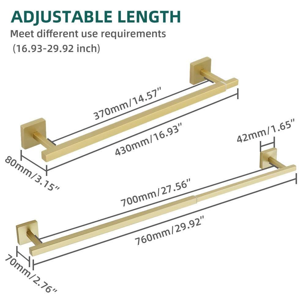 Unbranded Adjustable 17-30 in Towel Bar for Bathroom SUS304 Stainless Steel Brushed Gold Wall Mounted Rack System (2)