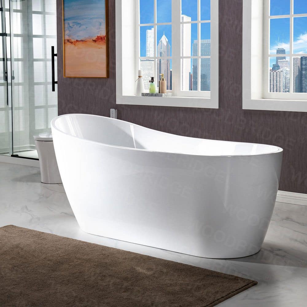 WOODBRIDGE Auch 67 in. Acrylic FlatBottom Single Slipper Bathtub with Brushed Nickel Overflow and Drain Included in White (3)