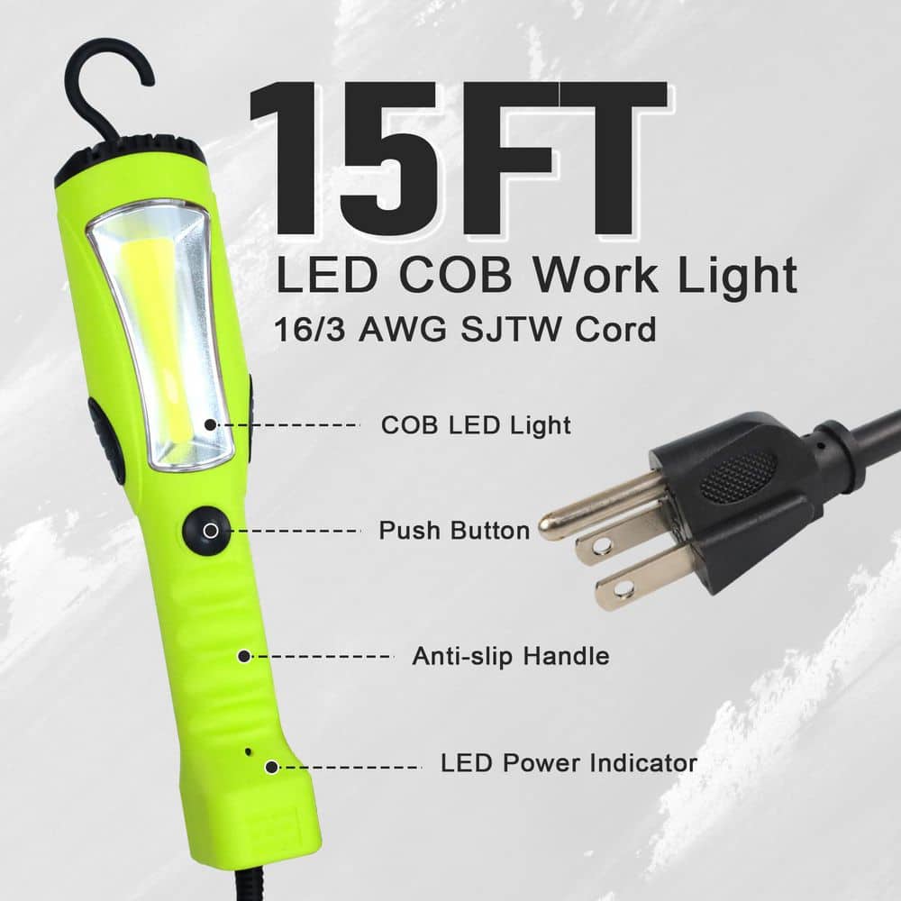 BeamBox 120V 15  ft. LED Work Light, 1200 Lumen COB LED, Magnetic Base, Rotatable Hook, Green, Indoor/Outdoor Use (3)