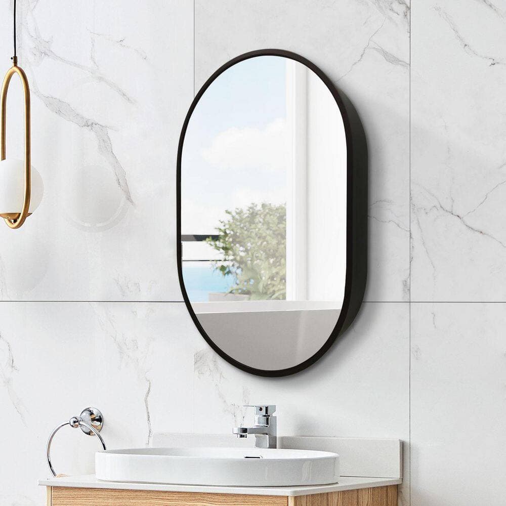 Siavonce 5 in. W x 21 in. D x 31 in. H Oval Bathroom Wall-Mounted Linen Cabinet with Mirror and Dividers, Black (2)